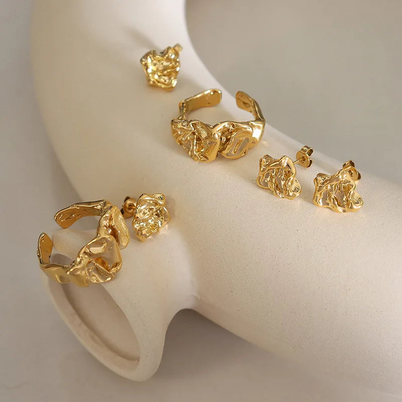 Best Selling Gold Plated Stainless Steel Irregular Open Rings Titanium Steel Geometric Texture Finger Ring for Party