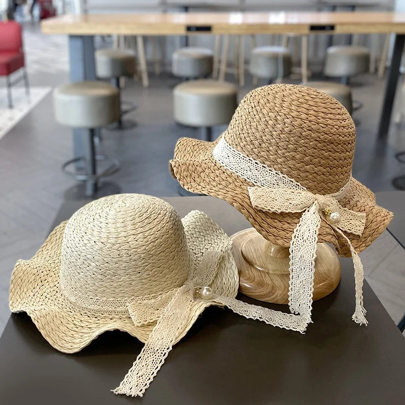 WD-A703 Children's Outdoor Travel Image Style Sweet Lace Straw Hat Bag Cute Summer Hat and Bag Set 2024