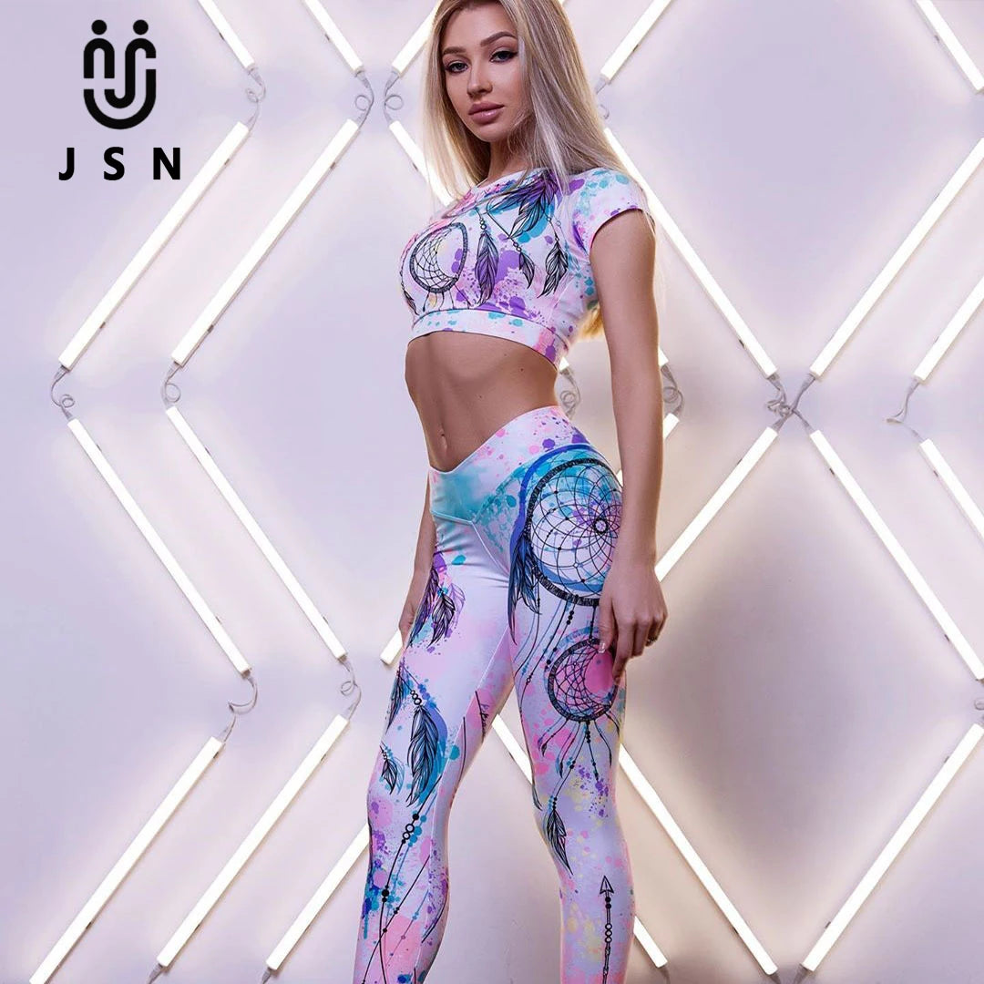 JSN Customize Ins 2026 New Hot Style White Feather Angel Print Yoga Vest Hip Lifting High Waist Leggings Yoga Wear Suit
