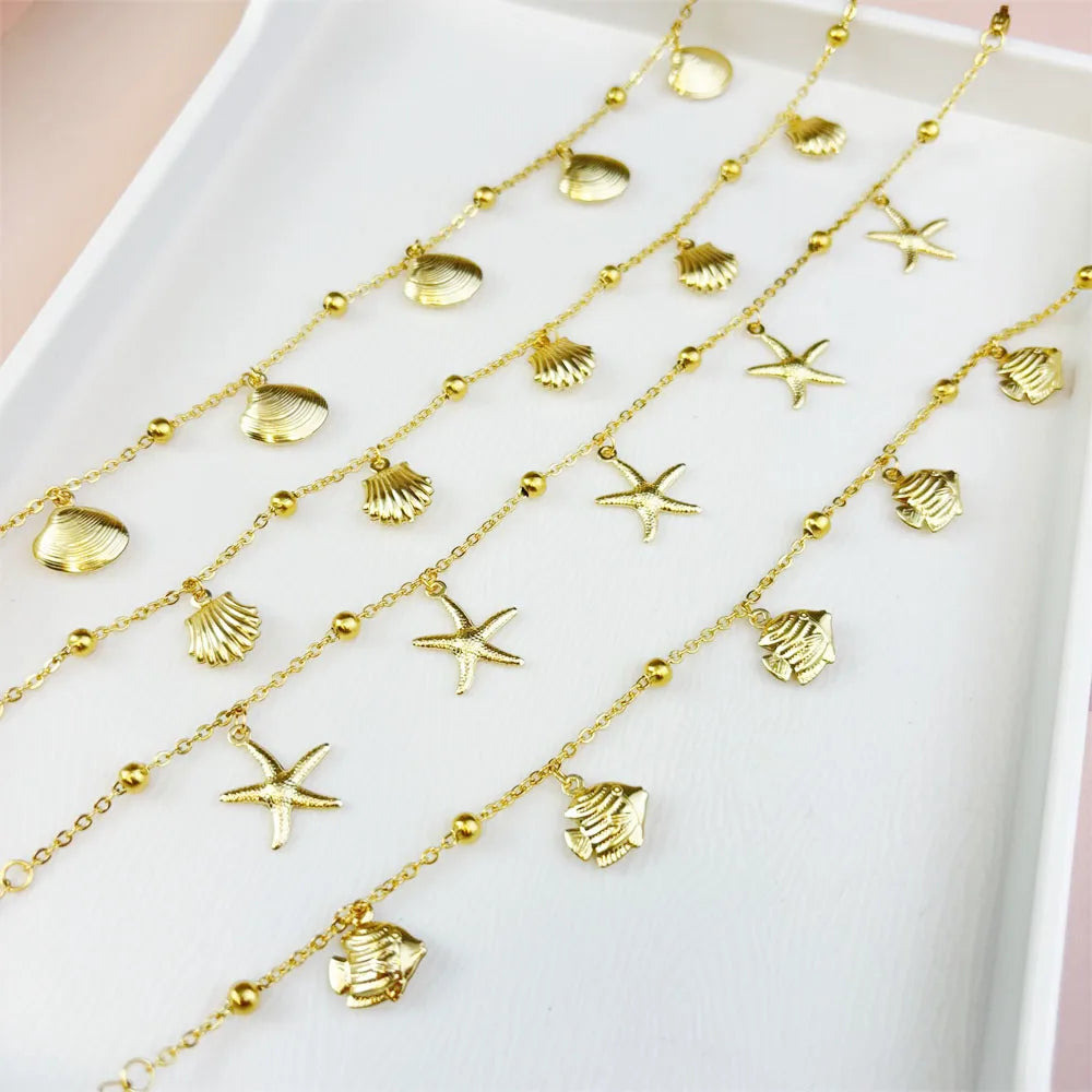 2024 New Design18K Gold Plated  Titanium Steel Anklet Starfish Dolphin Scallop Fish Pendant Ocean Style Anklet