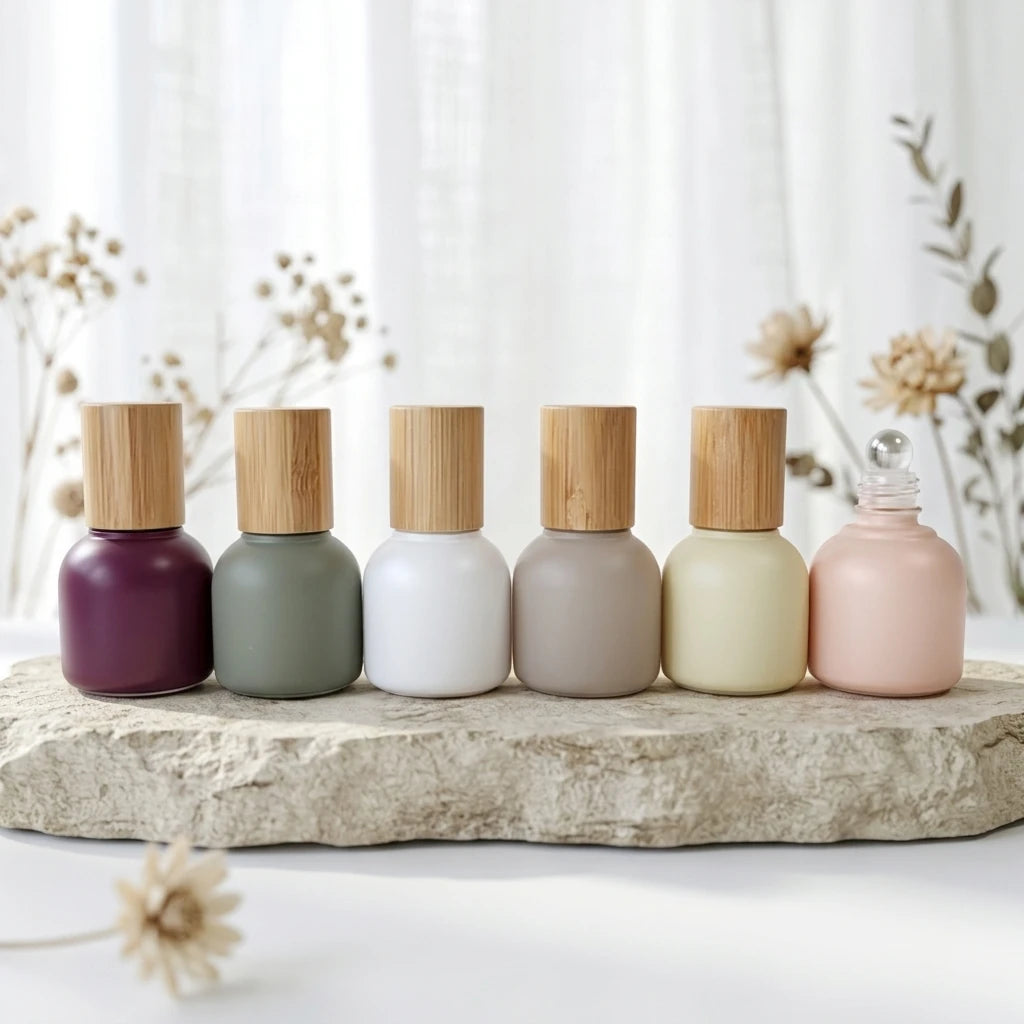 10ml Cute Glass Perfume Oil Bottles with Bamboo Lids & Steel Roller Balls Empty Refillable Mini Vials for Essential Oils