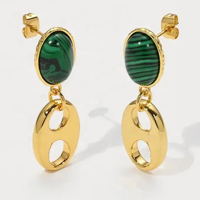 Vintage Versatile Design Brass Plating 18k Gold Bright Gold Pig Nose Pendant Artificial Turquoise Earrings