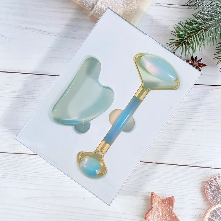 Hongzhuo Custom logo Facial Jade Gold Wire Opalite Roller Gua Sha Set Kit