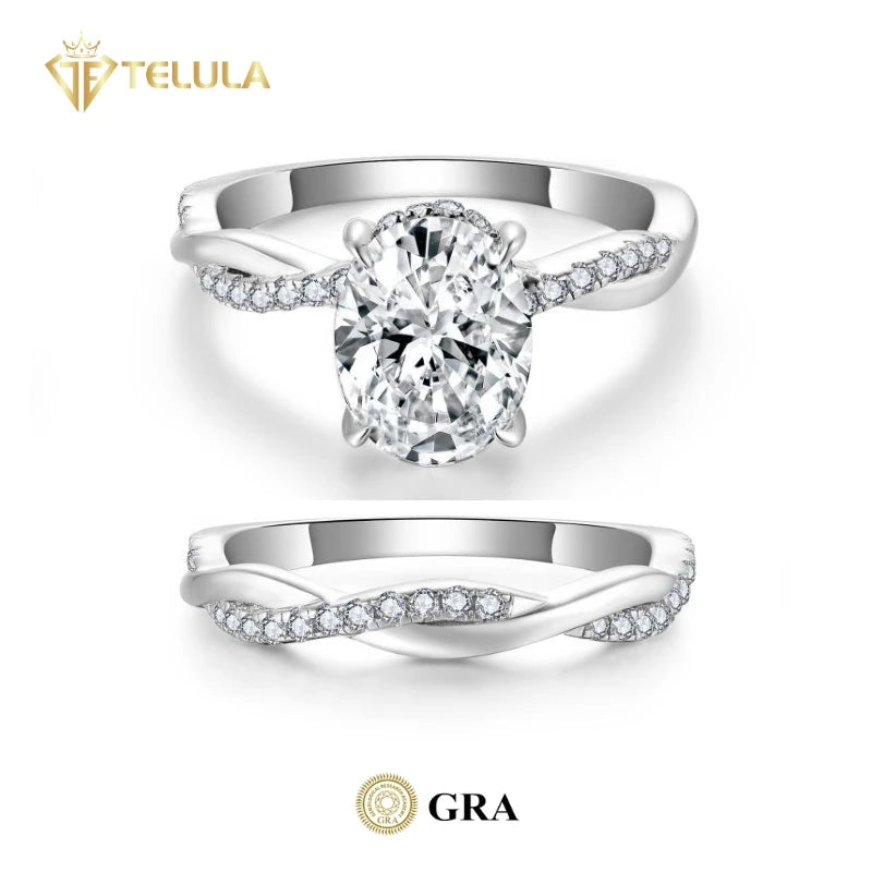 Wholesale 2CT Oval Shape VVS D Twisted Setting Moissanite Diamond Ring Set S925 Sterling Silver Ring Moissanite Ring