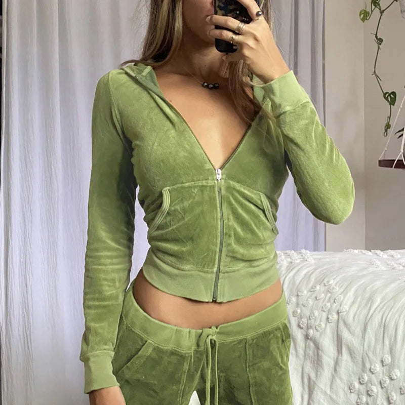 Women Zipper up Cropped Jackets Flared Pants Sets Rhinestone Velour Velvet Custom Tracksuits Two Piece Spring Lounges Sets