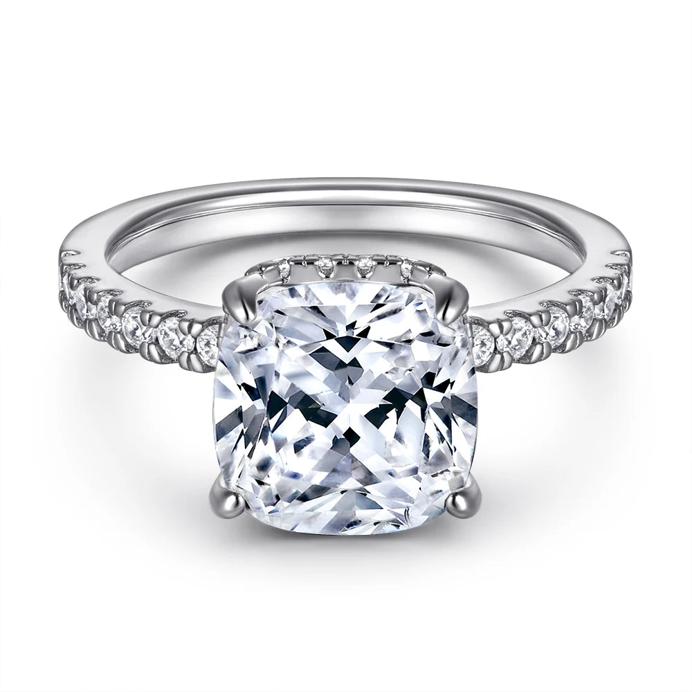 Accent Ring Cushion Cut 9*9mm Iced Out Jewelry Rhodium Plated Pure Silver Engagement Wedding Rings for Women