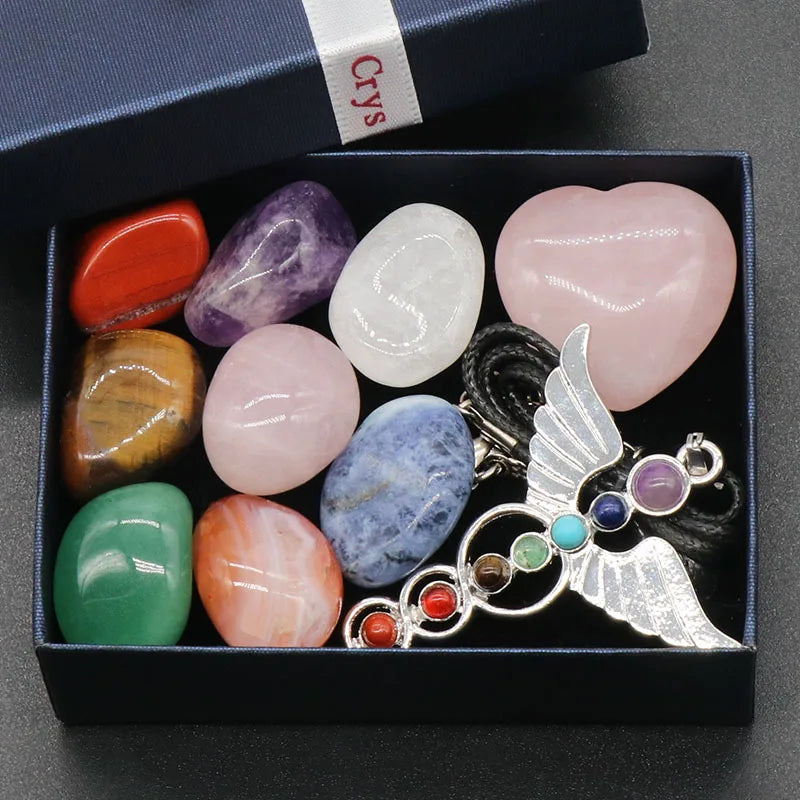 2022 Hot Selling Crystal Angel Necklace Collection Chakra Tumbled Polished Stones Set Gift Box Reiki for Meditation or Ritual