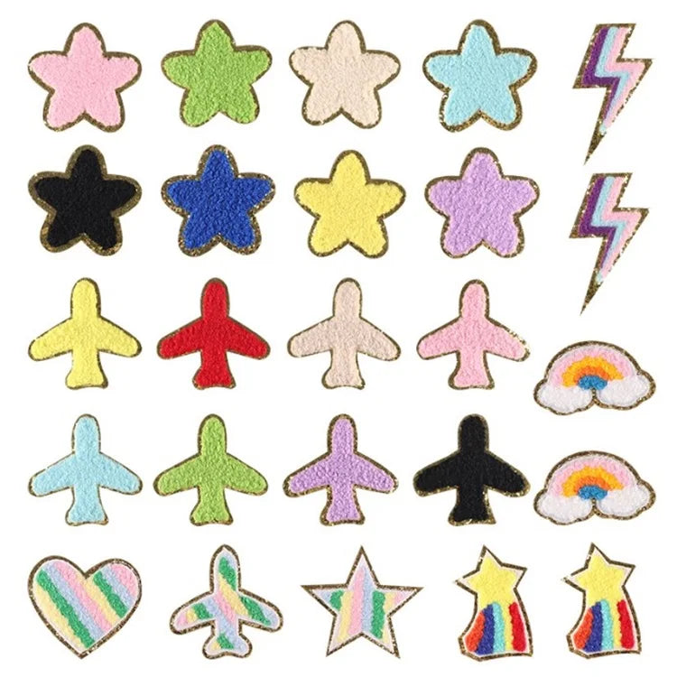 Hot Sale Patch Set Golden Glitter Star Heart Rainbow Iron on Chenille Patches for Jeans Bag Towel Badge