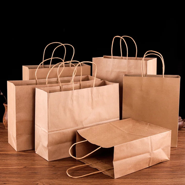 Fashion Recyclable Classic Kraft Paper Shopping Bag with Ribbon Handles for Promotion and Supermarket Use