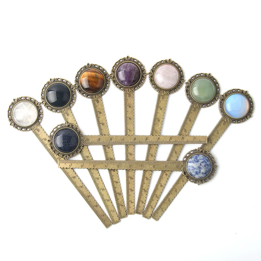 Natural Stone Crystal Ancient Bronze Ruler Bookmark Hand Made Gemstone Crystal Personality Bookmarks