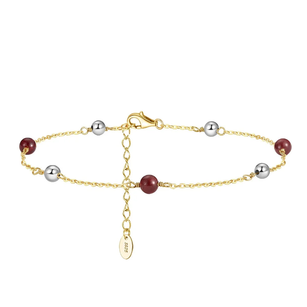RINNTIN SA47 S925 Sterling Silver Natural Garnet Chain Anklets for Women Summer 14K Gold Plated Foot Chain Barefoot Jewelry