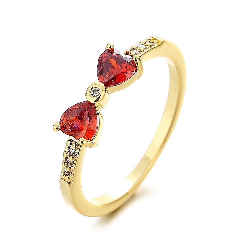 Brass 24k Gold Plated Wedding Engagement Finger Ring Jewelry for Women Zircon Bead Red and Green 2 Colors