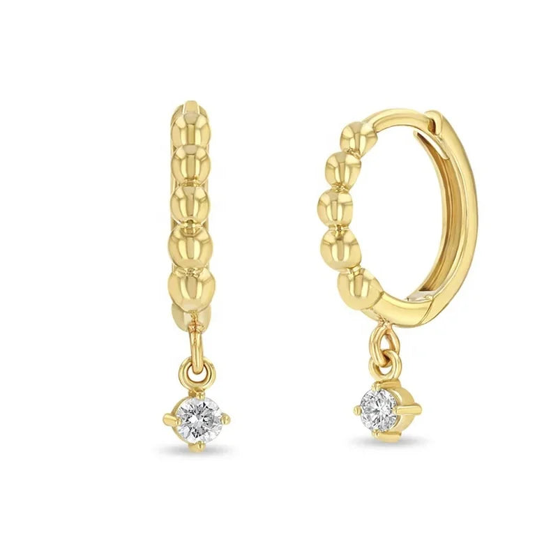 LOZRUNVE 14k Gold Plated Beaded Hinge Huggie Hoop with Dangling Diamond