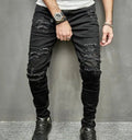 Men Fashion Jeans Ripped Stretch Skinny Denim Pants Black Hip-Hop Style Slim Fit Zip Trousers