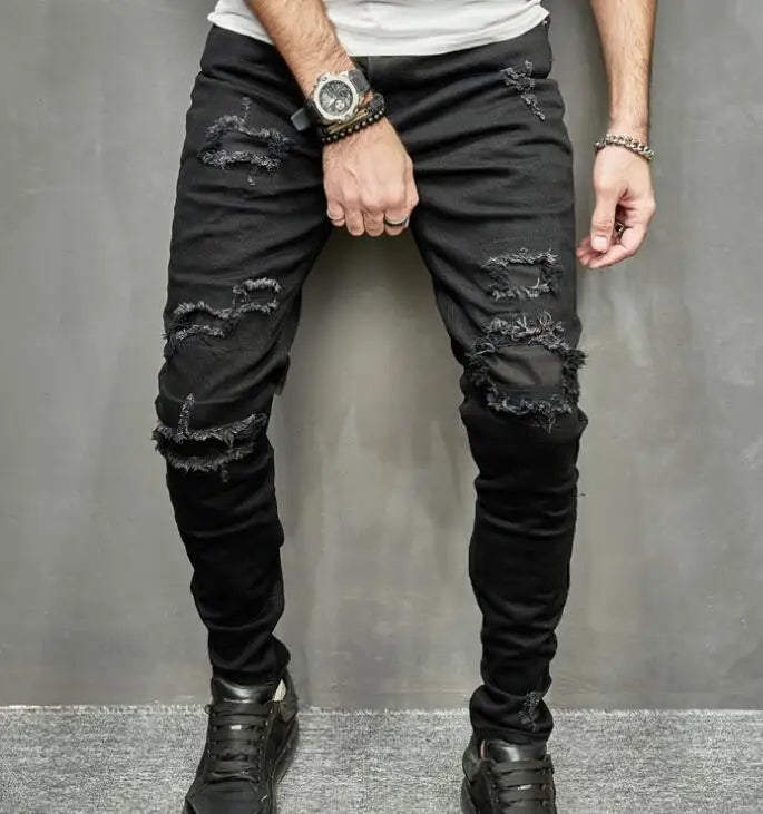 Men Fashion Jeans Ripped Stretch Skinny Denim Pants Black Hip-Hop Style Slim Fit Zip Trousers