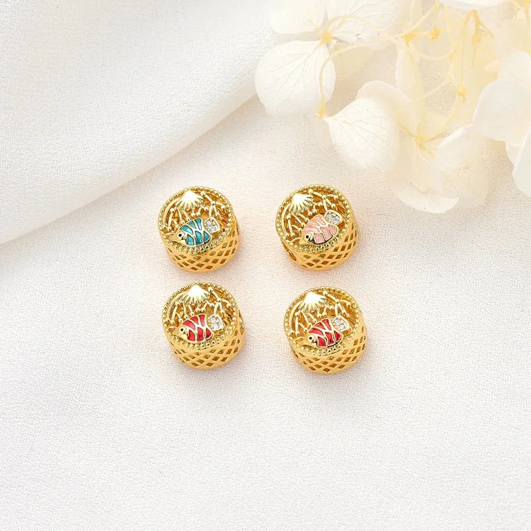Shiny Gold Plated Enamel Fish Beads Flat Round Hollow Zircon Fish Spacer Beads Findings 11.5mm