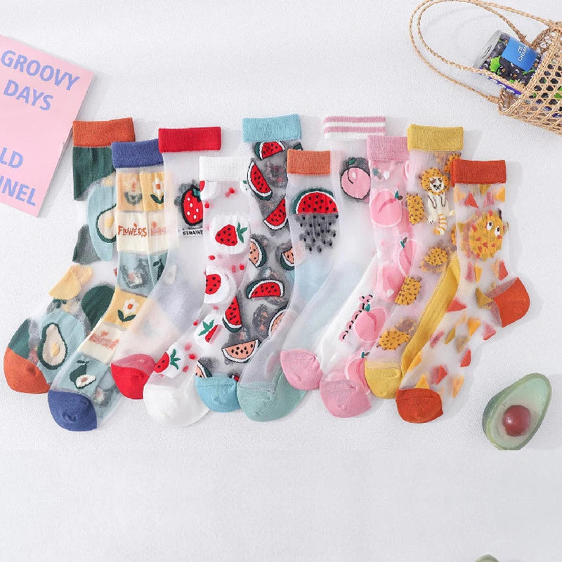 Wholesale Funny Peach Avocado Fruit Thin Sheer Socks Women See Through Crystal Transparent Socks