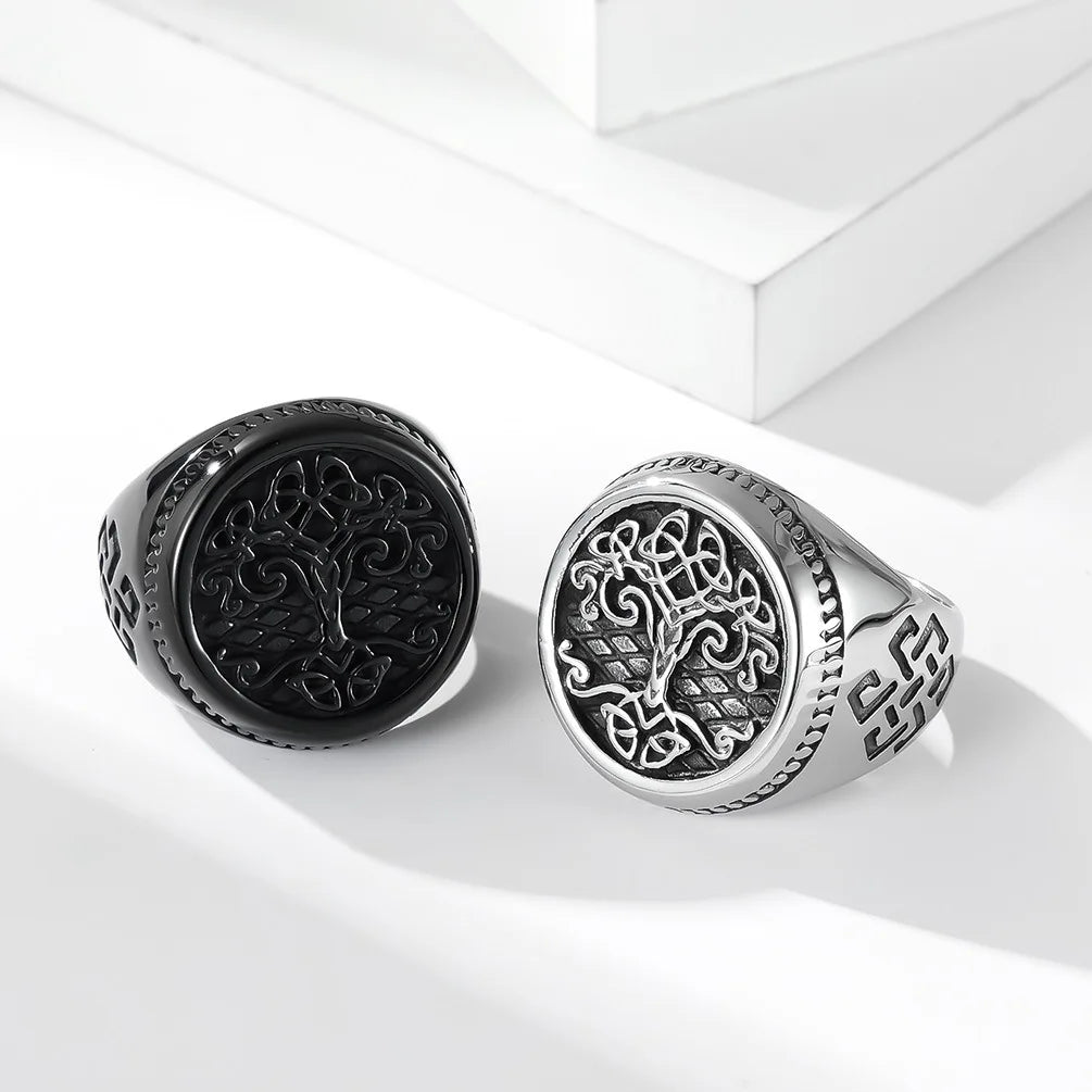 Northern Europe Unique Wholesale Stainless Steel Celtic Knot Tree of Life Non Tarnish Waterproof Jewelry Signet Men Ring Vintage