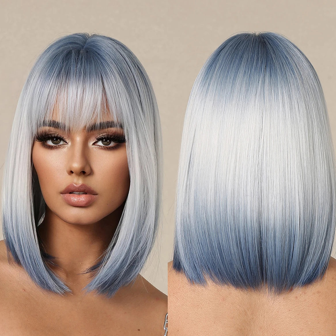 Factory Outlet Synthetic Ombre Blonde Blue Wig Short Straight Bob Hair Wigs with Bangs Heat Resistant Fibre