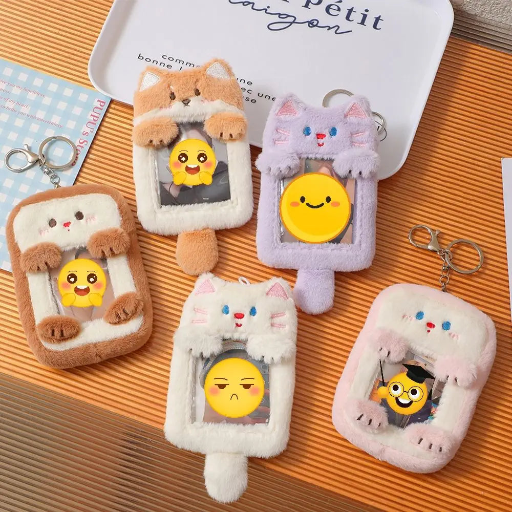 Kawaii Girls Plush Kpop Photocard Keychain Cute Cartoon Penguin Cat Mini Photo Album Keychain Card ID Credit Band Card Protector