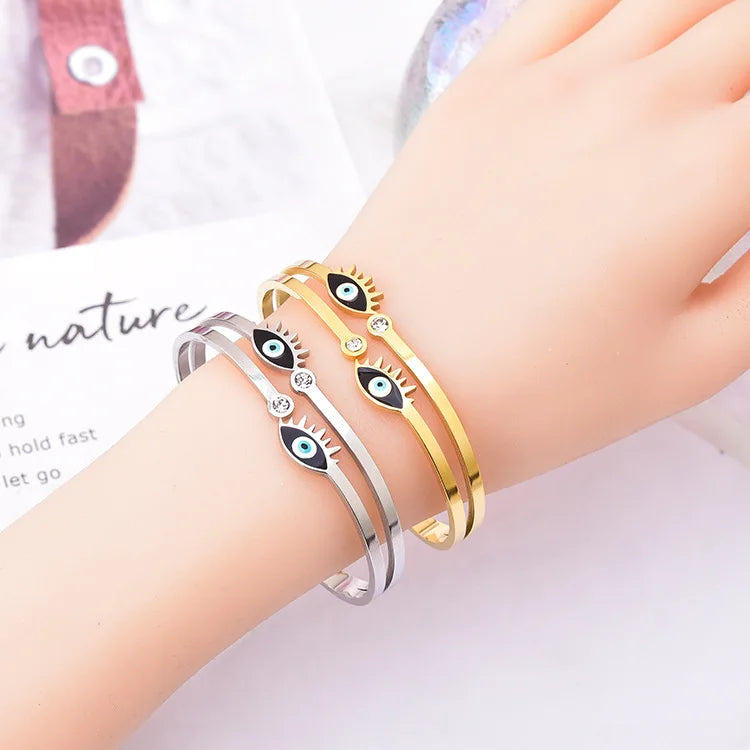 Fashion Stainless Steel Enamel Eyes Cuff Bangle Double Layered Zircon Enamel Evil Eyes Bangle