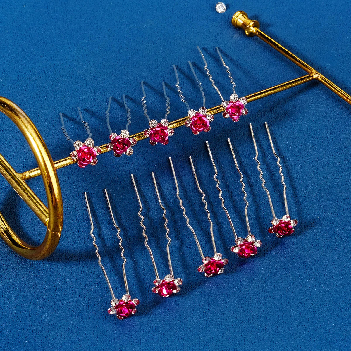 10-Piece Set of Diamond Rose Flower U-shaped Hairpins Bridal Multicolour Rhinestone Hair Accessories Jewelry Set