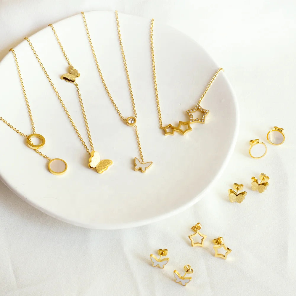 2022 Fashion Women Stainless Steel Bridal Jewelry Set Custom Gold Plated Round Star Butterfly Necklace and Earrings Jewelry Set