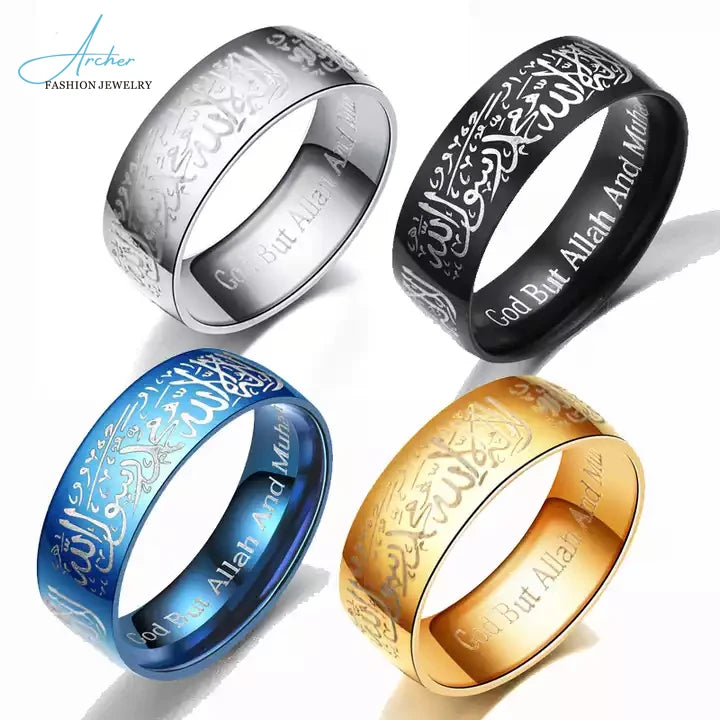 Shahada Arabic Allah Rings Moslem Muslim Islamic Ring Religious Stainless Steel Wholesale Custom English Black Men's Islam