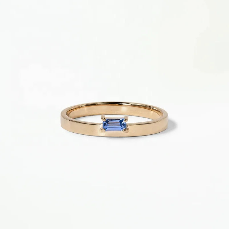 LOZRUNVE 925 Sterling Silver Custom Minimalist Baguette Blue Sapphire Solitaire Ring