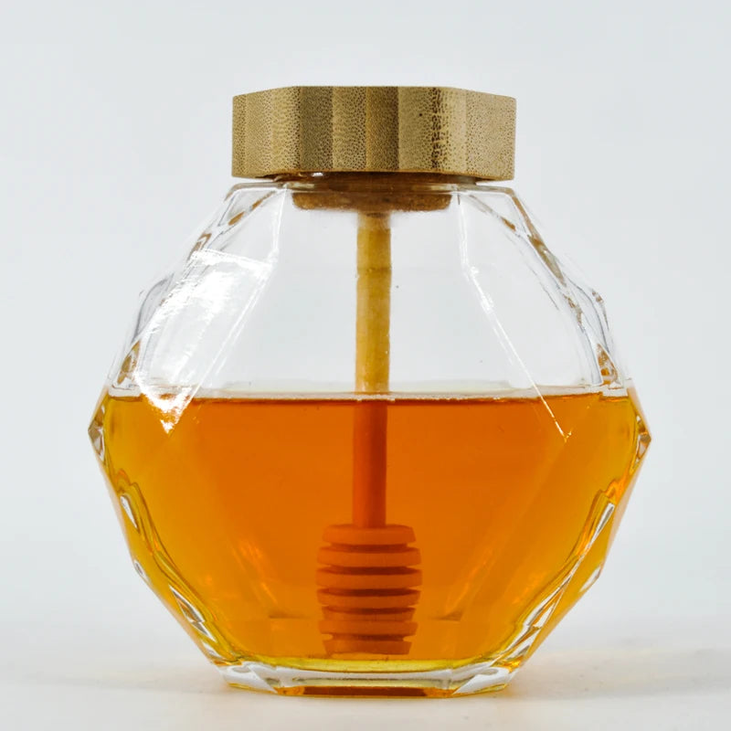 200ml 375ml New Design Glass Honey Jars Hexagon Glass Honey Jar with Dipper