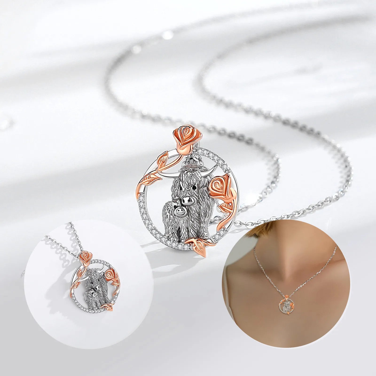 Merryshine Rose Minimalist Other Fashion 925 Sterling Silver Fine Jewelry Highland Cow Pendants Necklaces for Girls