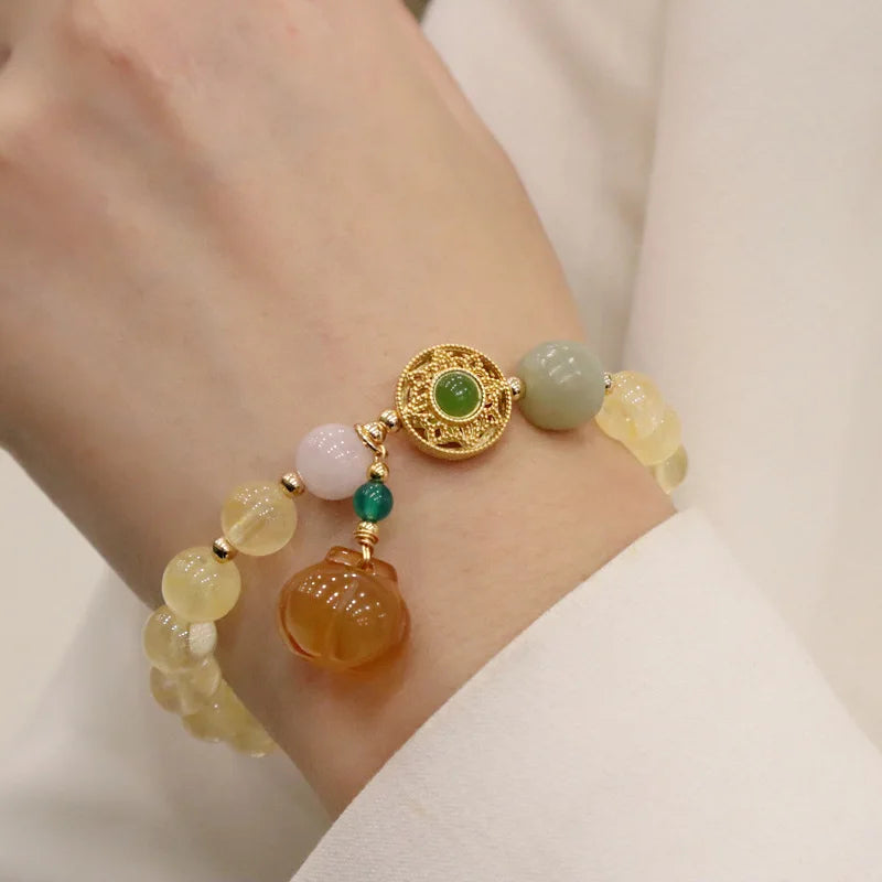 Vintage Simple Statement Natural Citrine Bracelet Healing Stone Jade Yellow Crystal Beaded Pumpkin Charm Bracelets Women Ladies