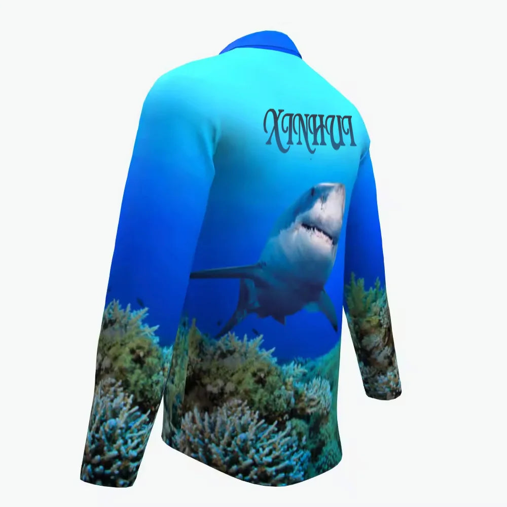 Online Retailer Men Turtle Shark Printed Fishing Polo Shirts Fashion Lapel Contrast Color Long Sleeve Quick Dry Shirt Casual Wear