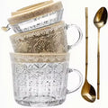 14oz Glass Coffee Cups With Bamboo Lids Golden Spoons Overnight Oats Containers Handle Clear Embossed Vintage Glass Coffee Cup