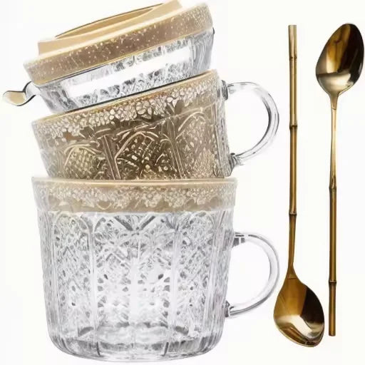 14oz Glass Coffee Cups With Bamboo Lids Golden Spoons Overnight Oats Containers Handle Clear Embossed Vintage Glass Coffee Cup