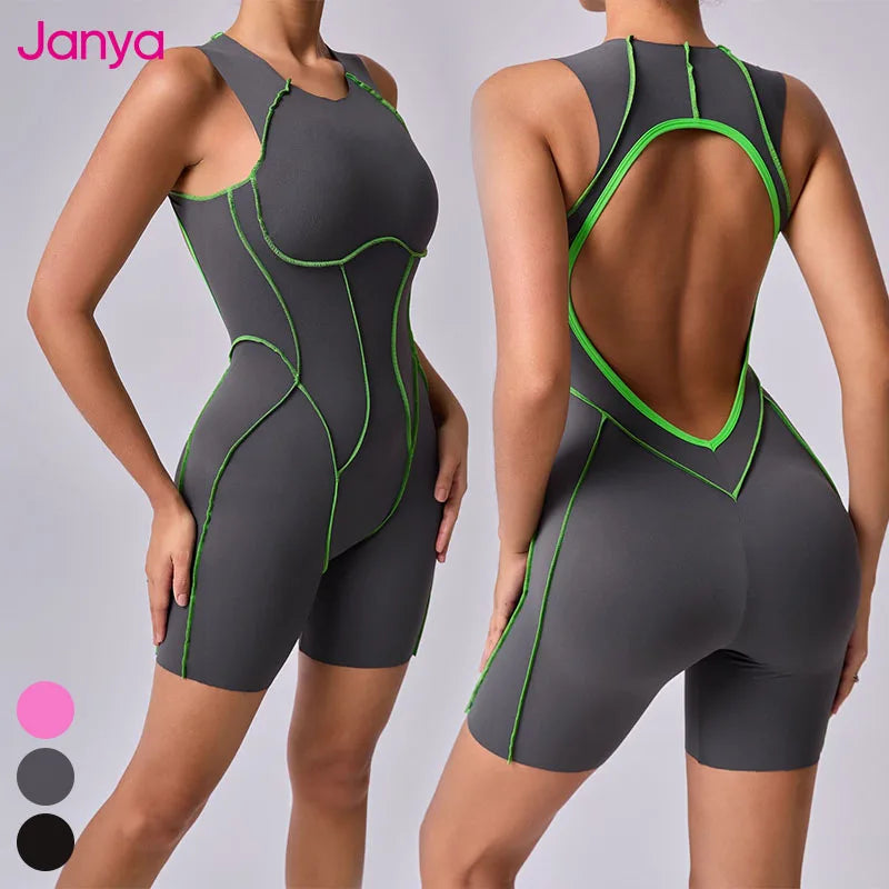 Janya Female Workout Gym Wear Breathable One-Piece Fitness Sport Clothes Sleeveless Patchwork Color Removable Pads Yoga Jumpsuit MegaBDM
