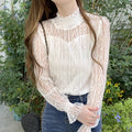 2024 Women's Elegant Lace Blouses Tops with White Bubble Sleeves for Spring Autumn Summer Winter for Office Ladies Front Logo