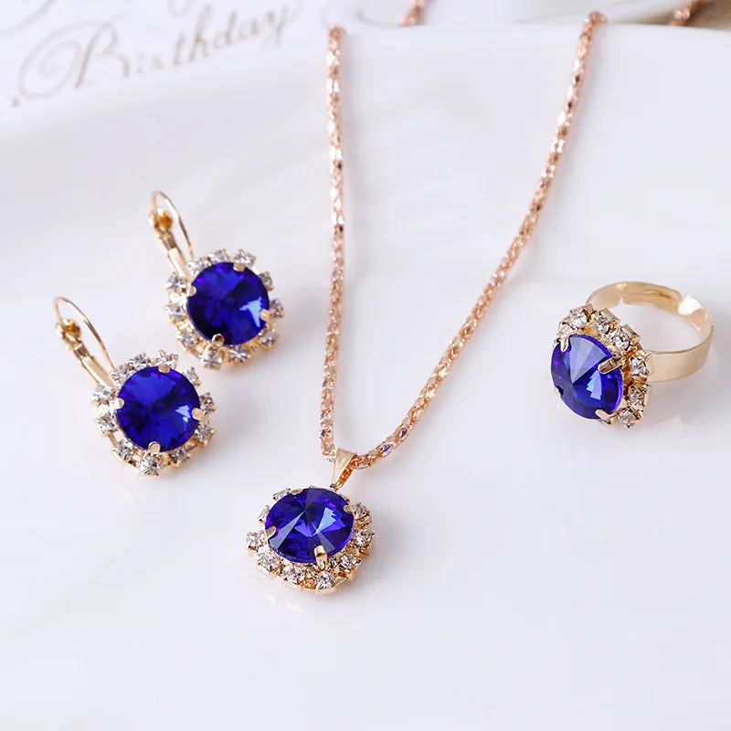 Fashion Round Crystal Clavicle Necklace Earring Ring Three-piece Jewelry Set Accessories Gift for Women Lover