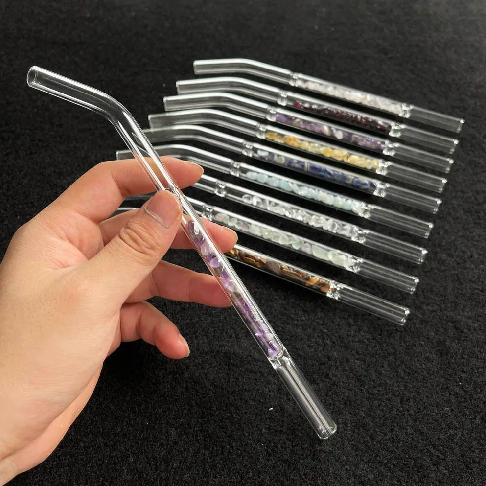 Natural Amethyst Rose Quartz Crystal Glass Straw Reusable Crystal Chips Straws Set