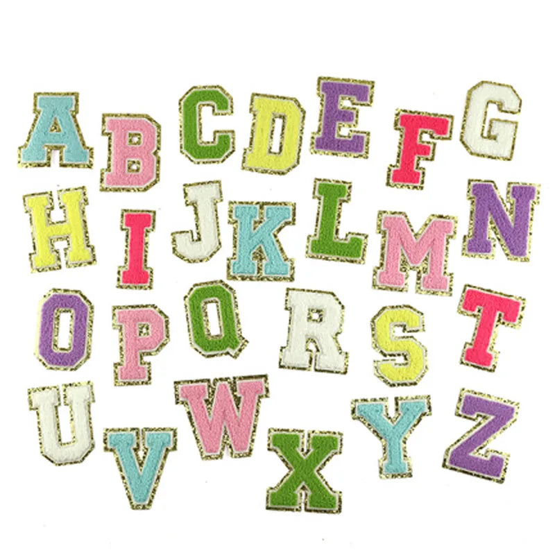 Green Chenille Embroidered Letters Iron on Patch Applique Diy Name Badge Alphabet Sequins Patches for Clothing Bags Accessories