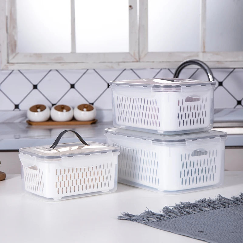 Kitchen BPA Free clear Snap Lock Storage Box Set Vegetable Storage Bin Plastic Food Container with Drain Basket and Handle