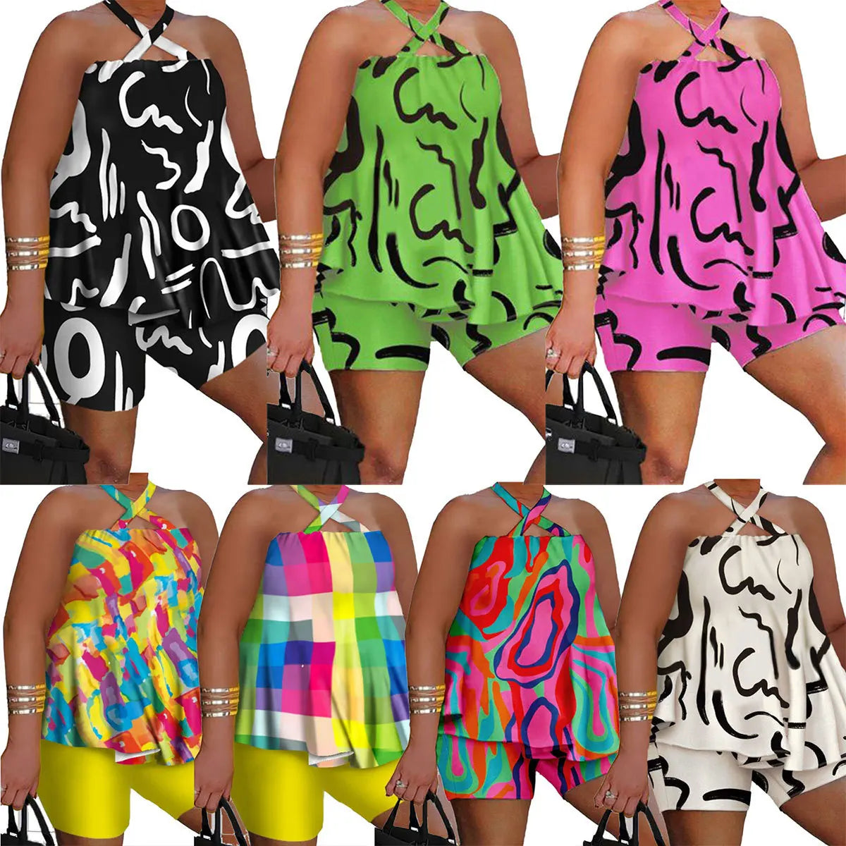 Summer Popular Best Selling Fashion Casual Plus Size Graphic-print Halterneck Sleeveless Top Shorts Set Women