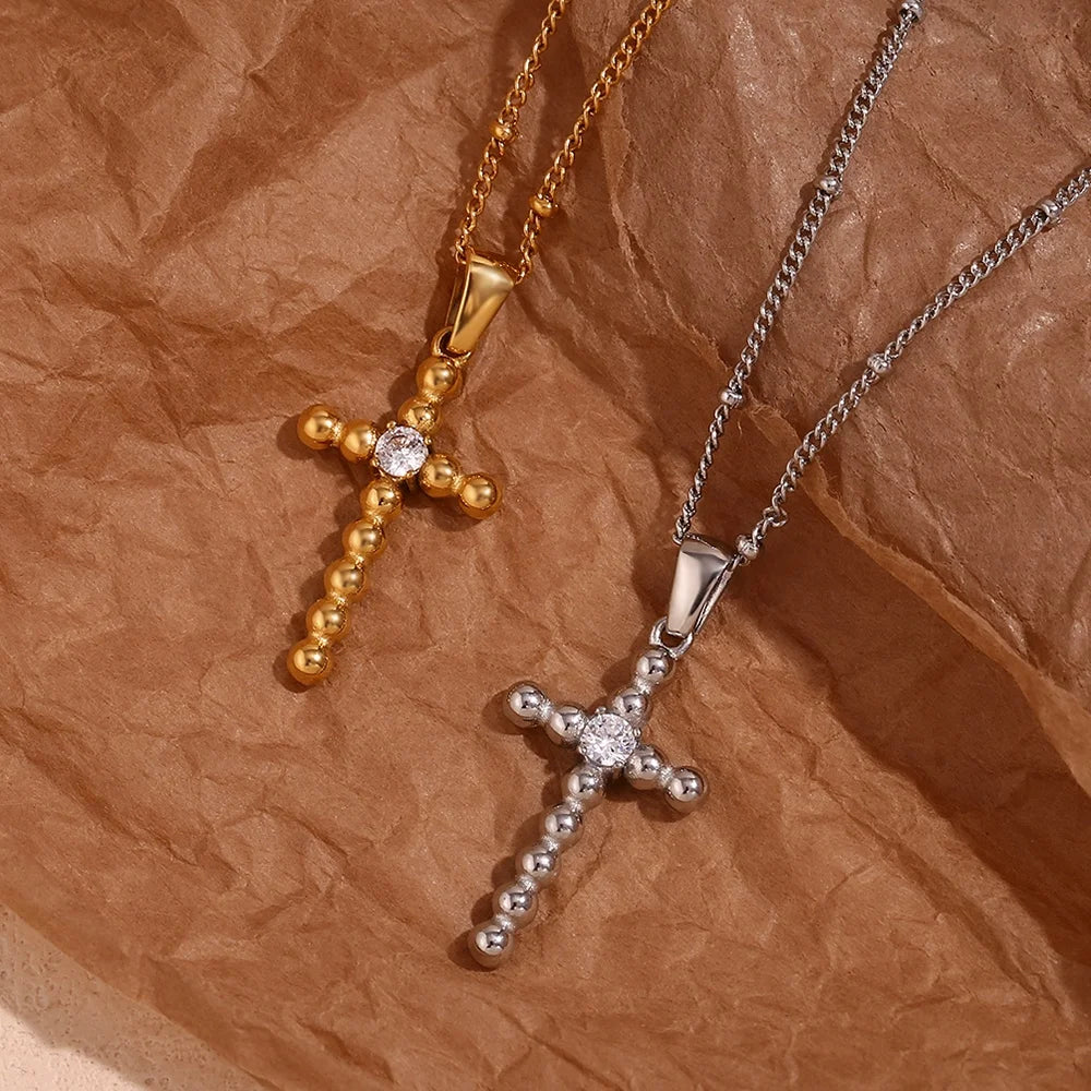Guarantee Dreamshow Dainty Zircon Cross Necklace Bead Pendant Necklace Gold Plated Stainless Steel Christmas Gift for Women