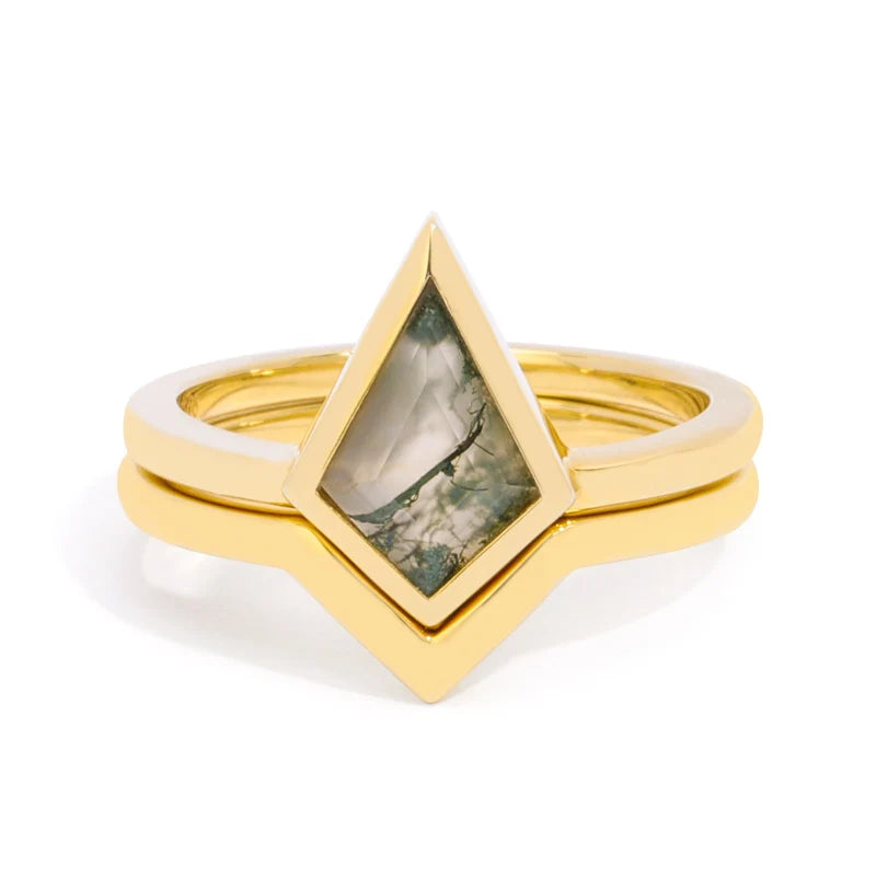 925 Sterling Silver Minimalist  and Recover Gemstone Moss Agate Kite Engagement Geometric Shaped Ring