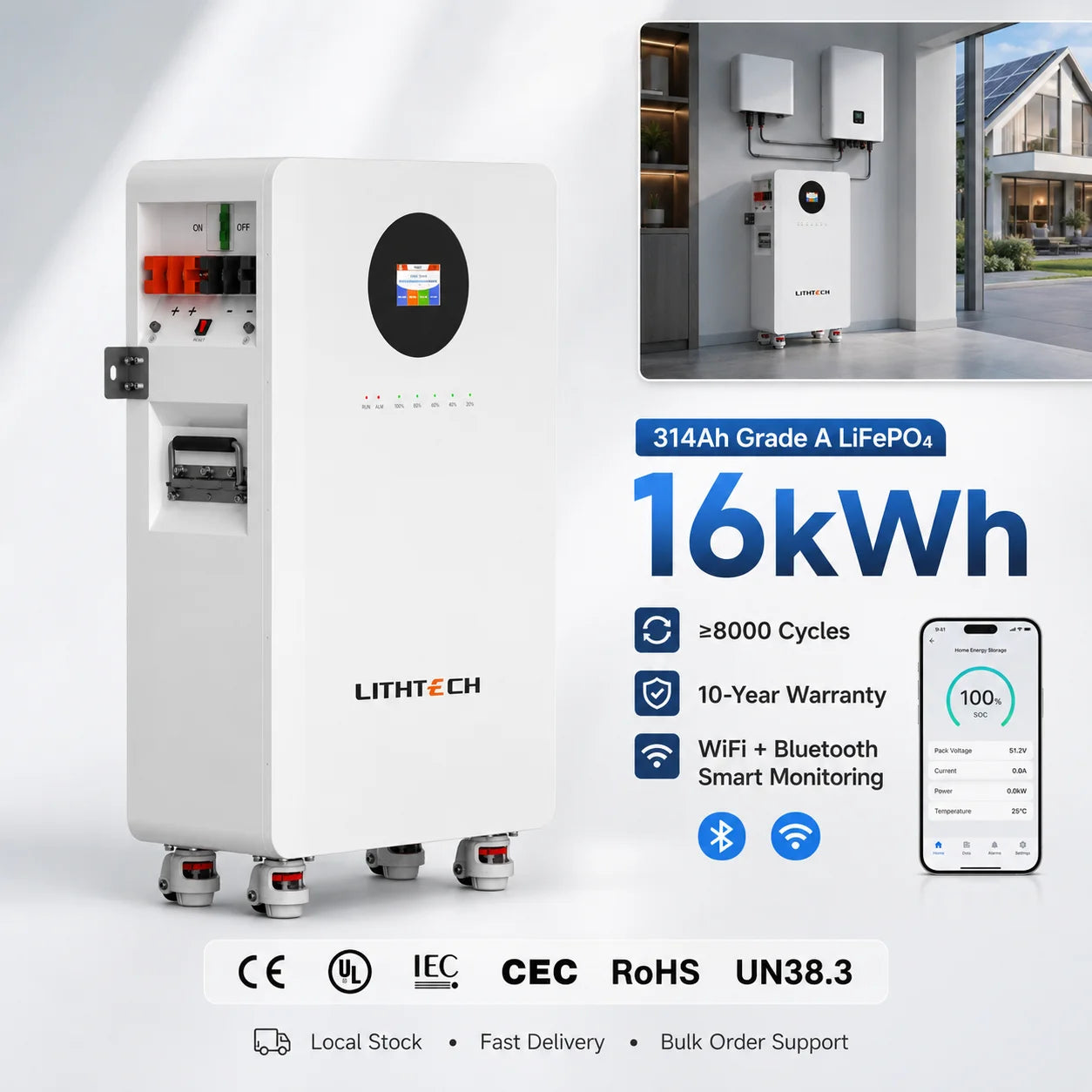 Hektary Offgrid Spain 16kWh Wall Mounted Power Battery 48v Lifepo4 200ah Lithium Ion Batteries for Hybrid Solar Storage System