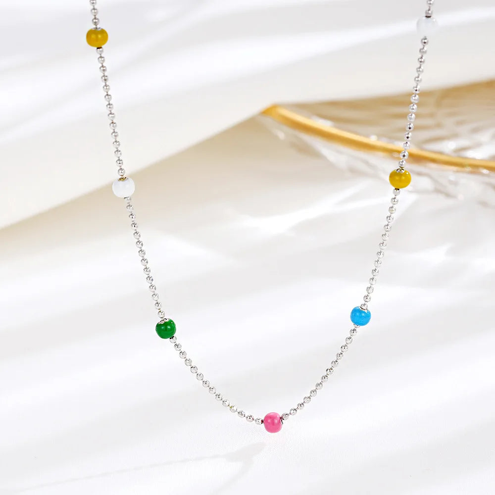 Handmade 925 Sterling Silver Colorful Beads Link Chain Pendant Necklace for Women Wedding Gift