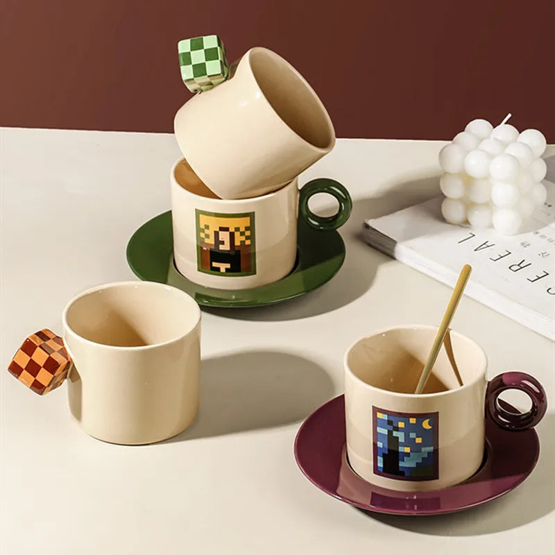 Solhui Creative Cube Handle Ceramic Coffee Cup & Saucer Set
