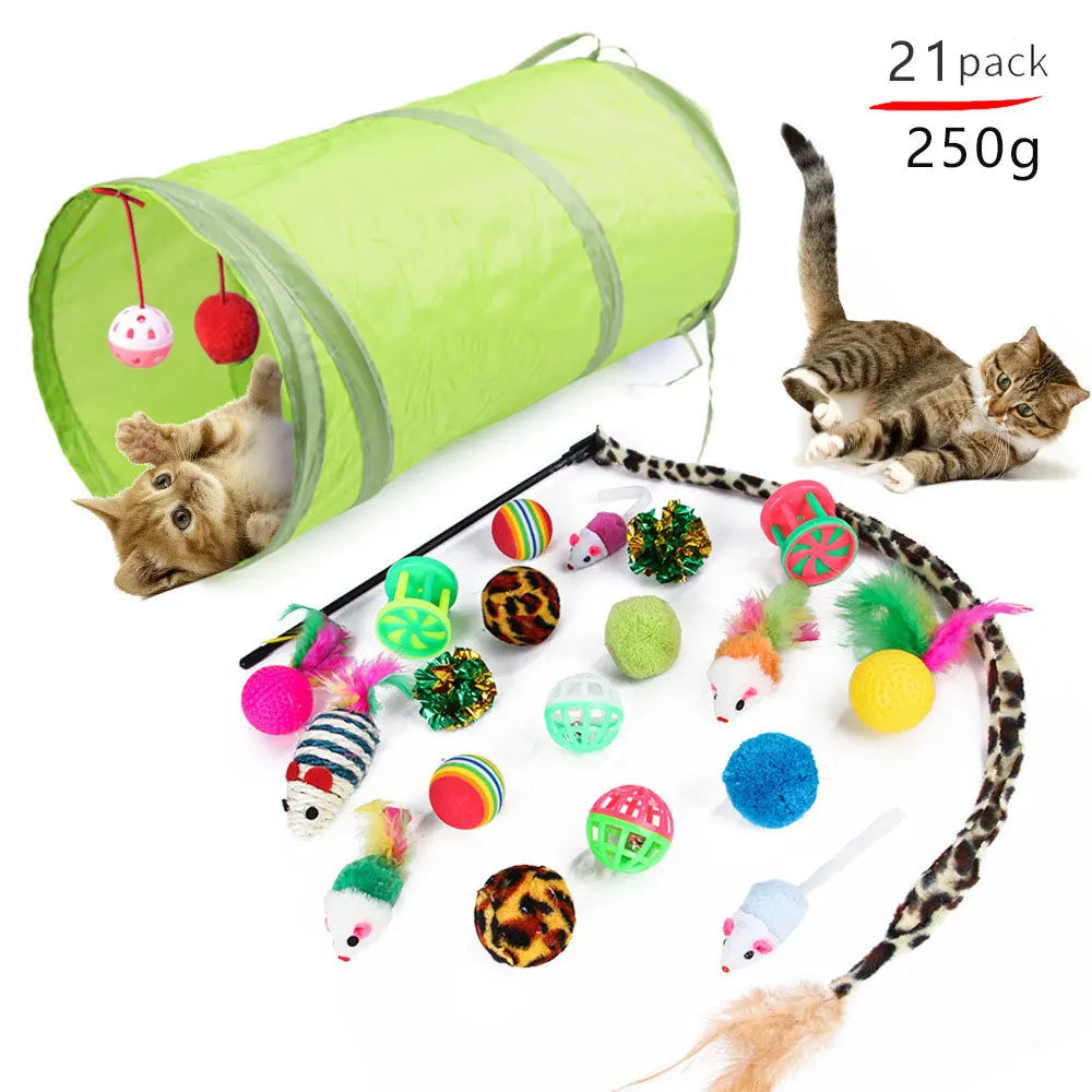 Interactive Cat Tunnel Toy Set Cat Kitten Toys Pack Feather Teaser Wand Toys for Cat
