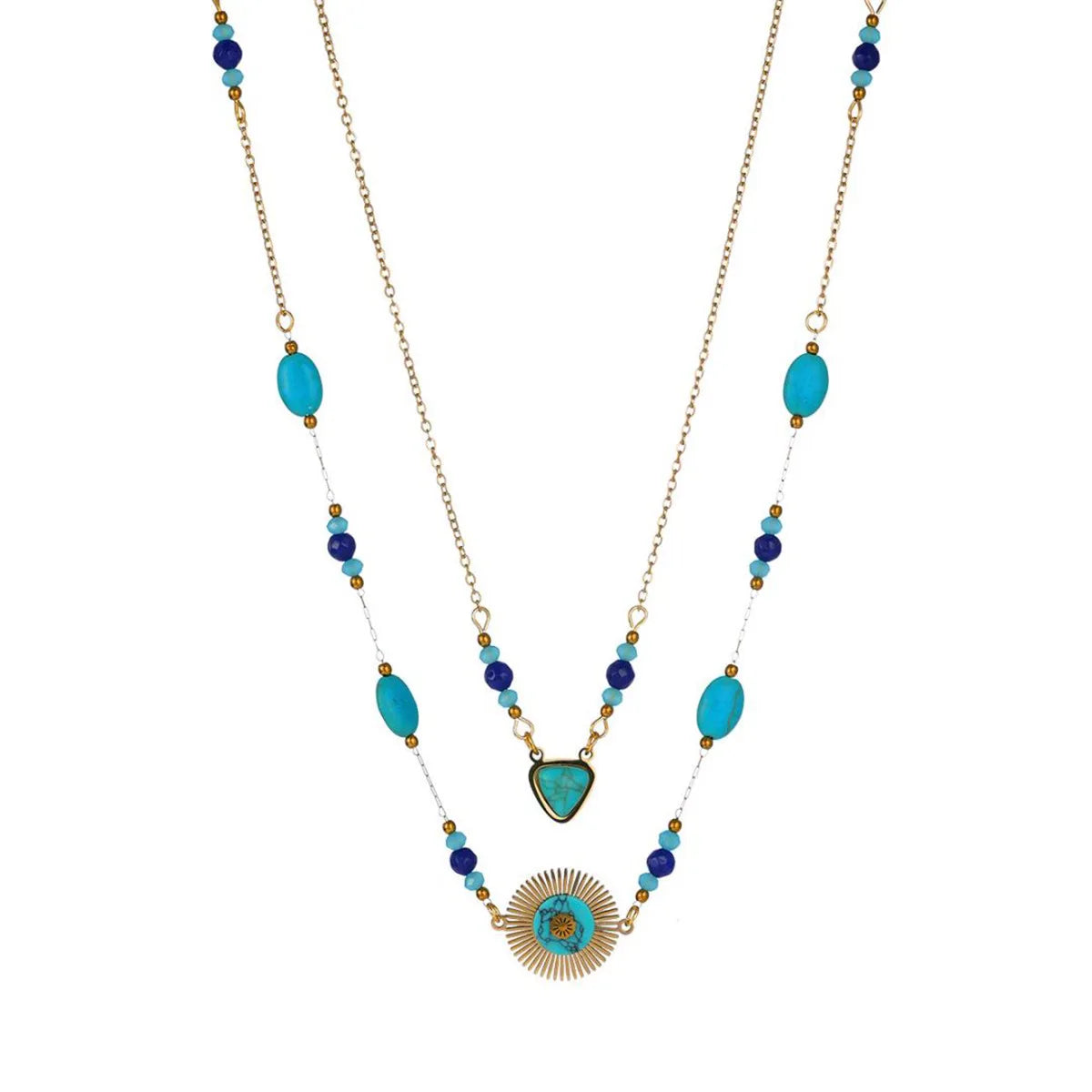 Popular Retro 18k Blue Turquoise Stainless Steel Necklace Fashionable Double Layer Titanium Steel Design Jewelry Necklace
