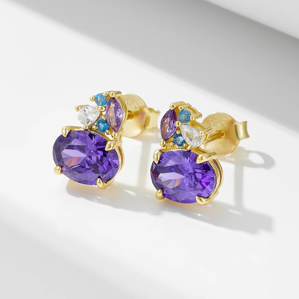 Dainty Handmade 925 Sterling Silver Diamond Earrings Gold Plated Geometric Oval Purple Crystal Zircon Drop Stud Earrings Women